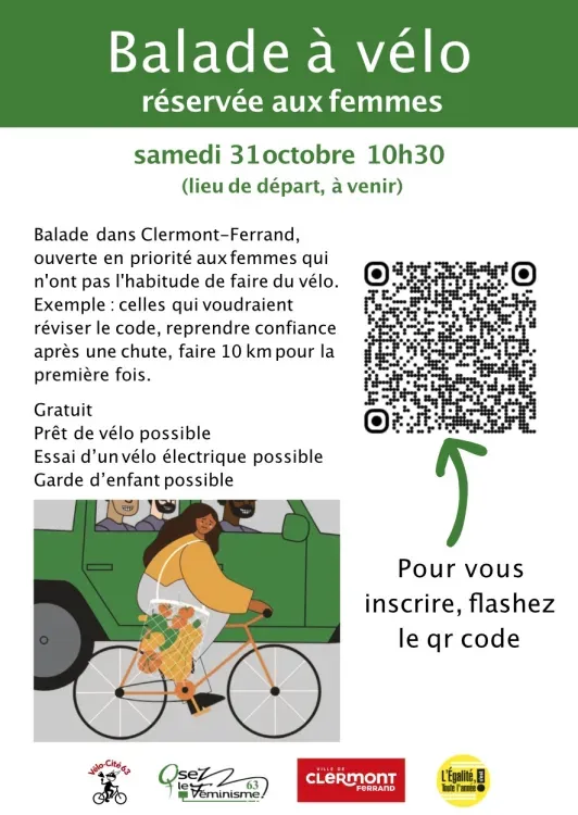 Affiche de la balade à vélo réservée aux femmes du samedi 31 octobre à 10 h 30 à Clermont-Ferrand, gratuite, avec prêt de vélo et garde d'enfant possibles.